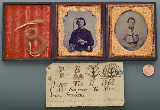 Among the many Civil War and historical related lots is this one containing two ambrotyes of Confederate soldier F.M. Sconyers of Alabama and a folk art drawing and partial letter by him. Estimate: $3,000-$4,000. Case Antiques Auction image.