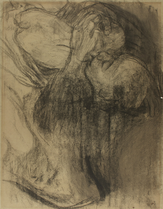 Kathe Köllwitz (1867-1945) ‘Abschied’ (Farewell), charcoal on gray-blue laid paper. Gray’s Auctioneers image.