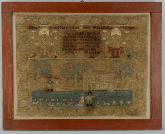 This circa 1800 sampler with figures in plumed hats, attributed to an unknown Philadelphia school, is one of nine samplers in the auction. Estimate: $5,000-$6,000. Case Antiques Auction image.