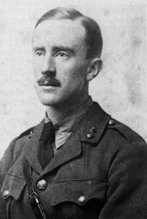 Tolkien, aged 24, in military uniform, while serving in the British Army during World War I, 1916. Image courtesy Wikimedia Commons.