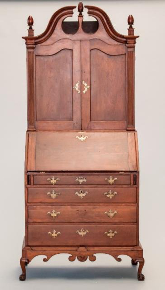 Circa 1760-1780 three-piece Connecticut Queen Anne cherry secretary/bookcase on frame. Estimate $10,000-$15,000. Quinn & Farmer image.