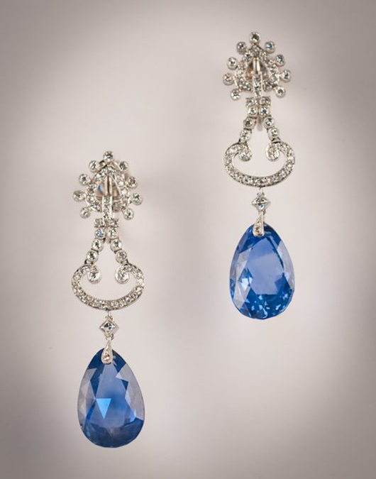 Signed Cartier platinum, diamond and Ceylon sapphire drop earrings. Estimate $20,000-$30,000. Quinn & Farmer image.