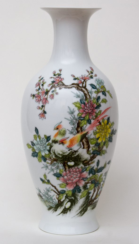 Fine and rare Chinese porcelain vase of ovoid form depicting birds and flowers on front and lithopane of Chairman Mao Zedong with calligraphy on verso. 15 inches tall. Est. $10,000-$12,000. Imperial Auctioneers image.