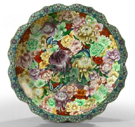 Monumental cloisonné presentation charger will mille-fleur design and Imperial chrysanthemums, Meiji Period, 30.3 in. diameter. Provenance: property of a distinguished gentleman, received as gift from government delegate in 1970s. Est. $10,000-$20,000. Imperial Auctioneers image.