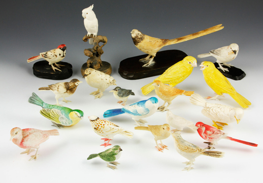 Collection of 20 ivory birds, Japan, polychrome and signed. Kaminski Auctions image.