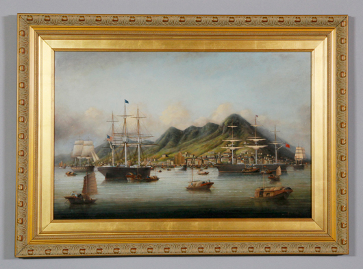Brian Coole (b. 1939), ‘Ships in Hong Kong harbor, looking towards Macao,’ oil on board, signed lower right, 19 1/2 inches x 29 3/4 inches. Kaminski Auctions image.