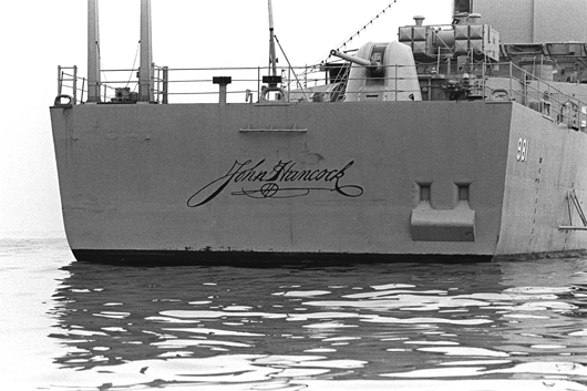 John Hancock's famous signature on the stern of the destroyer USS John Hancock. Image courtesy of Wikimedia Commons.