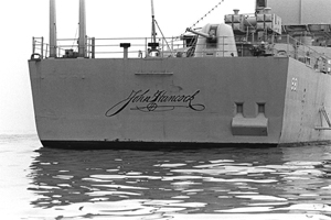 John Hancock's famous signature on the stern of the destroyer USS John Hancock. Image courtesy of Wikimedia Commons.