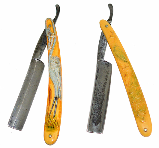 Lot 55 on Jan. 29: Two German straight razors with western theme. Roland New York image.