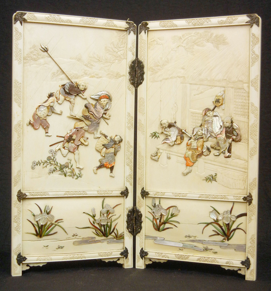 Ivory and shibayama table screen encrusted with mother of pearl and tinted ivory, figurines in rain and shelter, signed on one panel, Japan, 19th century, $7,475. Stephenson’s Auctioneers image.