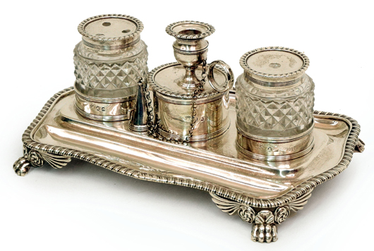 George III glass and silver inkstand, winged paw feet, engraved on back ‘Dame SJ Paston-Cooper,’ circa 1814, hallmarked for Rebecca Emes and Edward Barnard, London, $1,725. Stephenson’s Auctioneers image.