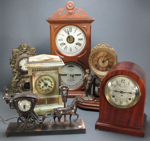 Some of the more than 500 clocks in the auction. Shelley’s Auction Gallery image.