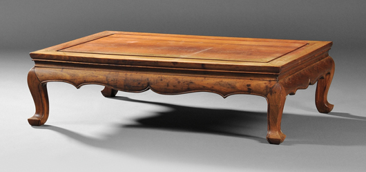 Low Kang table, China,19th/20th century, possibly made of huanghuali. Estimate: $300-$500. Skinner Inc. image.