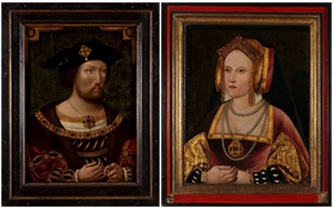 Left: King Henry VIII, unknown Anglo-Netherlandish artist, c.1520, Copyright National Portrait Gallery, London. Right: Catherine of Aragon, unknown artist, c.1520. By permission of the Archbishop of Canterbury and the Church Commissioners.
