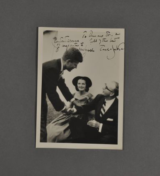 Photo of President Kennedy with Jo and Dave Powers. John McInnis Auctioneers image.