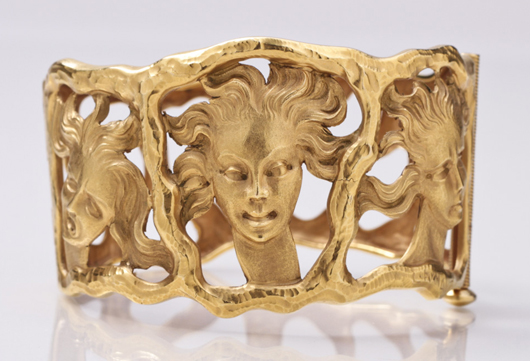 F.V. Manti 18K yellow gold openwork bracelet with faces of women, 28.3 dwt., est. $2,000-$4,000. Myers Fine Art image.