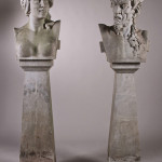 Pair of Bacchanalian 2-piece marble garden herms (boundary markers), 19th century, depicting horned satyr and nude maiden, each having a total height of 62 in., est. $6,000-$9,000. Myers Fine Art image.