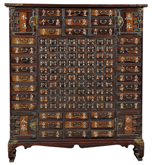 The calligraphy characters on each drawer of this Korean medicine chest identified a type of herb used as medicine. It sold for $1,778 at a Skinner auction in Boston that featured Asian furniture. Photo courtesy of Skinner Inc., www.skinnerinc.com.