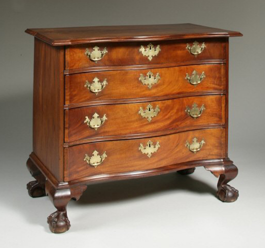 Serpentine chest of drawers, Massachusetts, 1760-1780. Sold $117,800 (Estimate: $50,000-80,000). Keno Auctions image.
