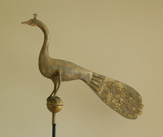 Gilt copper peacock weather vane, Massachusetts, 1850-1877, A.L. Jewell and Co., Waltham, Mass. Sold: $39,680 (Estimate: $5,000-8,000). Keno Auctions image.