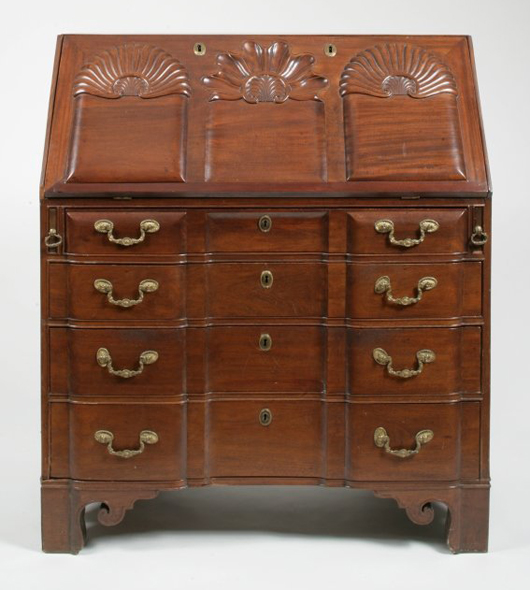 Chippendale mahogany shell-carved desk, attributed to Samuel Loomis (American, 1748-1814), Colchester, Conn., 1774-1800. Sold: $55,800 (Estimate: $30,000-60,000). Keno Auctions image.