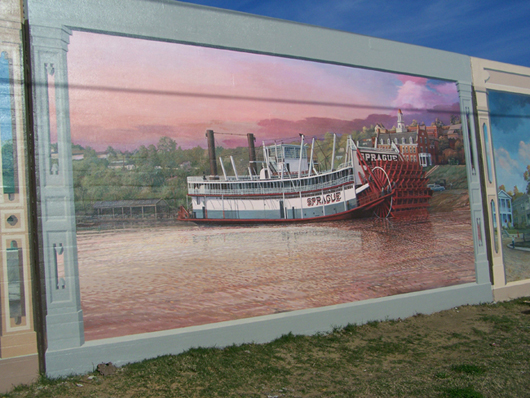 Mural of the Sprague painted on a Vicksburg flood wall. Nicknamed Big Mama, the paddlewheel tug was capable of pushing 56 coal barges at once. Image by Heironymous Rowe. This file is licensed under the Creative Commons Attribution-Share Alike 3.0 Unported license.