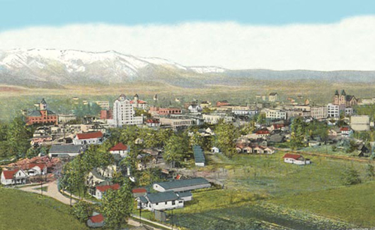 A 1920s postcard of Baker, Ore., home of the largest gold nugget found in the state. Image courtesy Wikimedia Commons. 