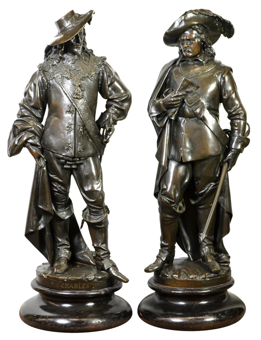 These two rare bronzes by Albert Ernest Carrier-Belleuse (French, 1824-1887), titled ‘Oliver Cromwell’ and ‘King Charles I,’ carry an estimate of $12,000 to $16,000 each. Clars Auction Gallery image.