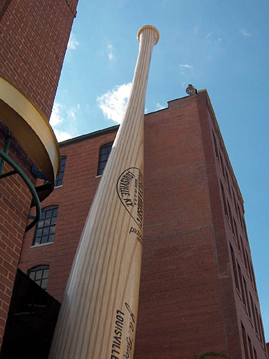A giant baseball bat adorns the outside of Louisville Slugger Museum & Factory in downtown Louisville. Image by Derek.cashman. This file is licensed under the Creative Commons Attribution-Share Alike 3.0 Unported license.