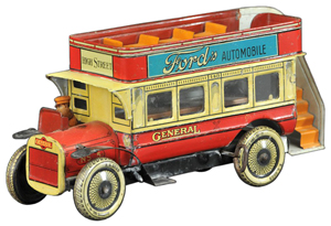 Double-decker buses are still used, but this tin toy bus was made in the 1930s and looks old-fashioned. The 9 1/2-inch German toy auctioned for $2,006 at Bertoia Auctions in Vineland, N.J.