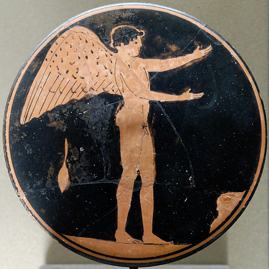 Eros depicted as an adult male, Attic red-figure bobbin, circa 470-450 B.C. Image by Jastrow, courtesy of Wikimedia Commons.