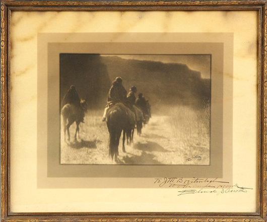 ‘The Vanishing Race,’ a photogravure image from ‘The North American Indian,’ with the autograph signature of its photographer Edward S. Curtis in the right corner brought an $1,800 hammer price at Cottone Auctions in March 2012. Courtesy Cottone Auctions.