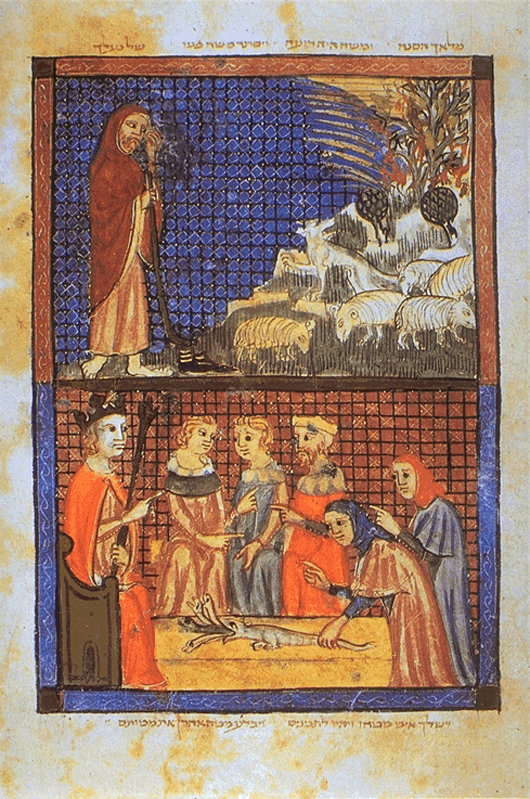 An illustrated page from the Sarajevo Haggadah, written in 14th century Spain. Image courtesy of Wikimedia Commons.