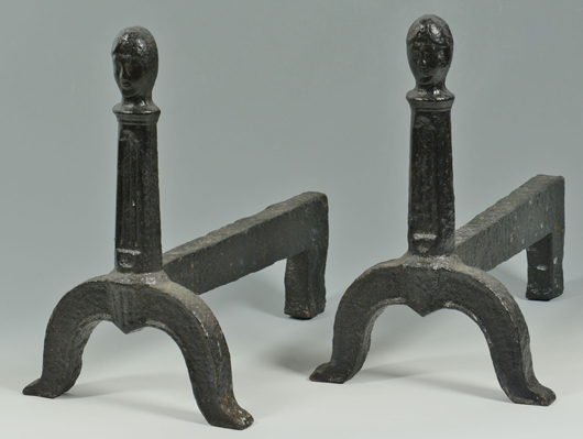 A pair of figural cast-iron andirons attributed to the Luray Furnace of Shenandoah Valley, Virginia, brought $1,920 (est. $250-$350). Case Antiques image.