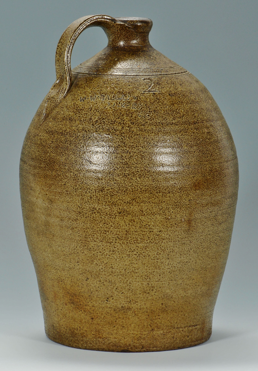 A North Carolina salt glazed jug stamped W.W. Ballard, Dockery, N.C. (1852-1894) earned $3,120 (est. $1400-$1,600).  Case Antiques image.
