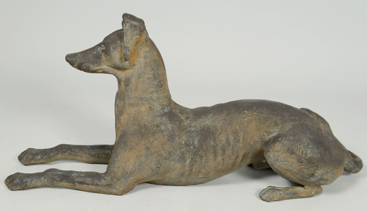 Leading a collection of cast-iron was this life-size whippet garden ornament, possibly by Fiske. It fetched $3,000 (est. $700-$900). Case Antiques image.