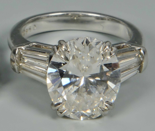 Top lot of the sale was this 4.90-carat diamond and platinum hand wrought ring, which sold for $61,200 (est. $35,000-$45,000). Case Antiques image.