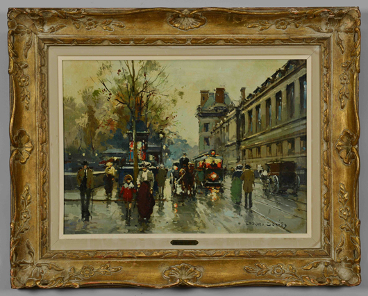 Deaccessioned by the Knoxville Museum of Art, this Paris Street scene by Edouard Cortes (French, 1882-1969), hammered down for $26,400. Case Antiques image.