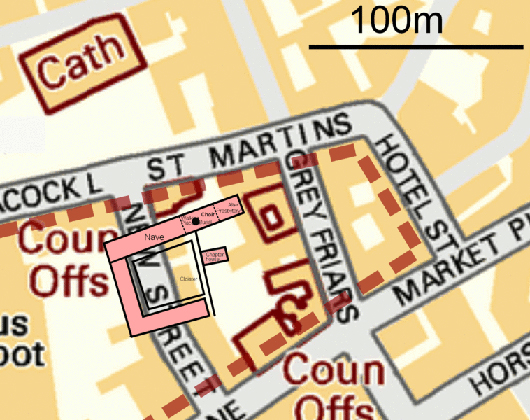 The black dot indicates the location of the grave of Richard III in Leicester. The king, killed on the battlefield, was hastily buried at the former Greyfriars Church, which was demolished during Henry VIII's dissolution of the monasteries. The University of Leicester dig last year fixed the church, chapter house, cloisters and monastic buildings as the pink area. This file is licensed under the Ordnance Survey OpenData License.