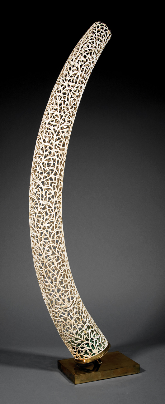 Rare Indian highly carved ivory tusk, 18th/19th century, 41 inches high. Provenance: Graham Ponte Ltd., London; George W. Headley III, 1968; Headley-Whitney Museum, Lexington, Ky. Estimate: $8,000-$12,000. Neal Auction Co. image.