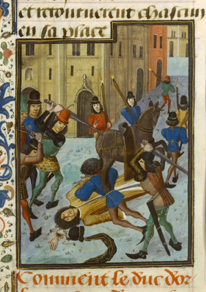The assassination of the Duke of Orleans on the rue Vieille du Temple in 1407. This image is in the public domain because its copyright has expired. Image courtesy of Wikimedia Commons.