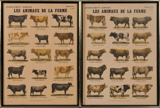 Pair of framed French hand-colored lithograph posters, ‘Les Animaux De La Ferme,’ editeurs les Fils D'Emile Deyrolle, Paris, tableau no. 4 and 5, sight size 32 x 23 1/4 inches. Estimate: $150-$250. Skinner Inc. image.