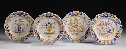 Set of four French hand-painted faience plates, inscribed ‘Rouen,’ 9 3/4 inches. Estimate: $300-$500. Skinner Inc. image.