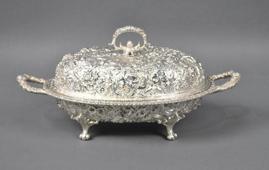 This S. Kirk & Son silver covered vegetable dish sold for $2,600 in October. Leighton Galleries image. 