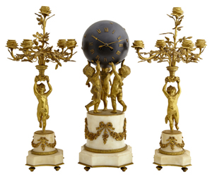 Fine gilt bronze and white marble three-piece French clock set by Japy Freres, 19th century. Crescent City Auction Gallery.
