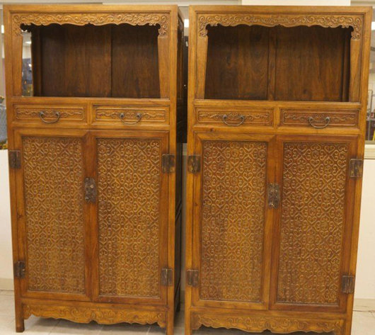 Pair of late 19th/early 20th century huanghuali cabinets, est. $8,000-$12,000. Tonya A. Cameron Auctions image.