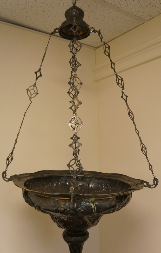 Signed and dated 1785 Spanish silver repousse chandelier, est. $4,000-$6,000. Tonya A. Cameron Auctions image.