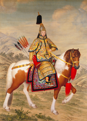 Photo of 1758 Giuseppe Castiglione silk painting of the Qianlong Emperor (reign: 1735-1796) on horseback and wearing ceremonial armor.
