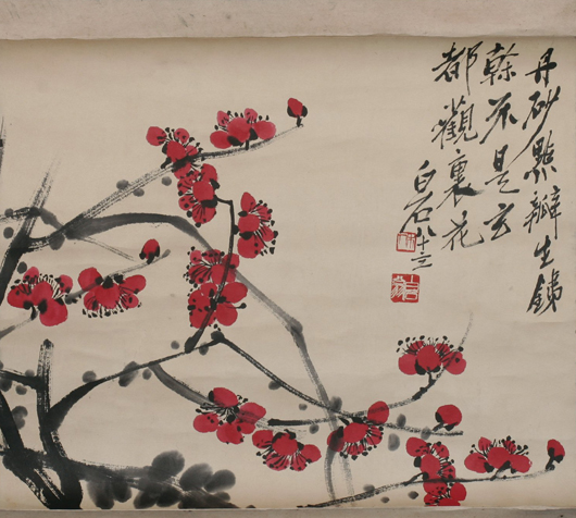 Signed Qi Baishi (Chinese, 1864-1957) watercolor scroll, possibly from the 1950s, est. $4,000-$8,000. Tonya A. Cameron Auctions image.