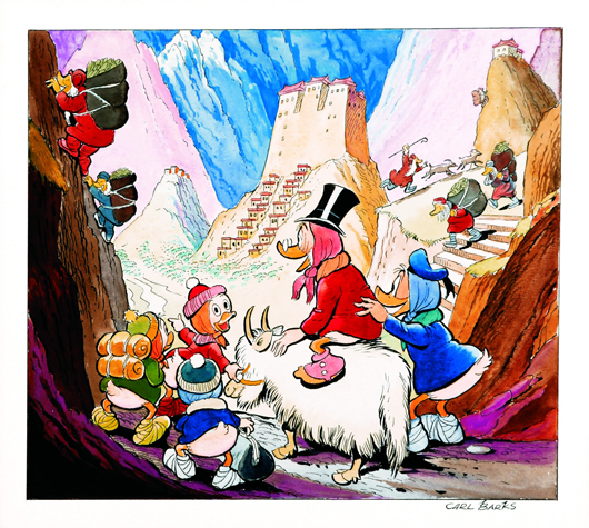 Carl Barks, ‘Go Slowly, Sands of Time.’ Illustrazione originale tecnica mista su cartone cm 36x30,5 (disegno cm 25x22,3). Firmata. Accompagnata da targa, prodotta da The Trophy House, certificante l’autenticità dell’illustrazione. Questa storia, scritta nel 1968 e disegnata solo nel 1980, è stata pubblicata per la prima volta nel 1981. Zio Paperone e i nipoti attraversano terre lontane avvolte da un’aura fantastica, alla ricerca della fonte della giovinezza. Eccellente stato. € 16.000. Courtesy Little Nemo.